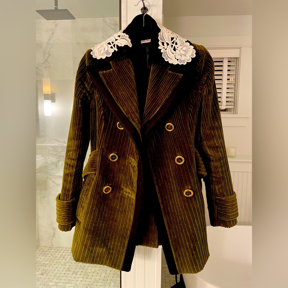 Green Cord Miu Miu Blazer with white lace and black piping with gold buttons